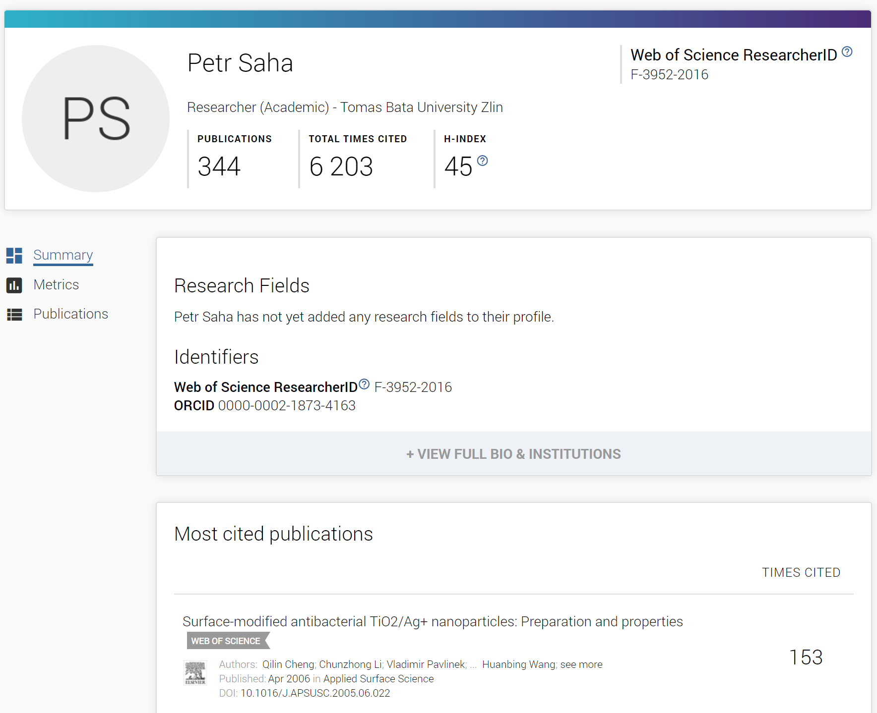 Example of ResearcherID profile on Publons