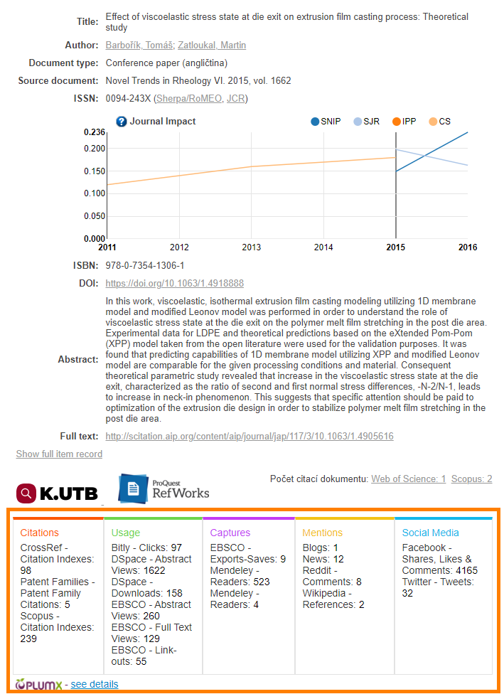 Example of a widget in the TBU Repository of Publications