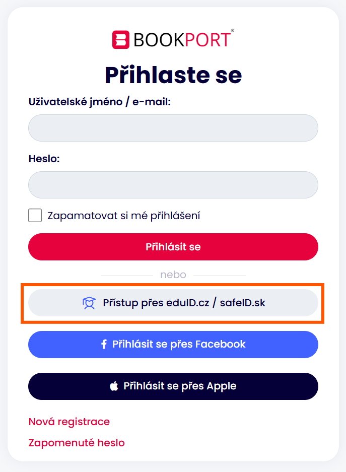 Bookport možnosti přihlášení